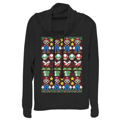 Juniors Womens Nintendo Ugly Christmas Mario Cowl Neck Sweatshirt