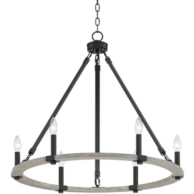 Franklin Iron Works Black Painted Wood Wagon Wheel Chandelier 28" Wide Rustic Farmhouse 6-Light Fixture Dining Room House Foyer