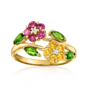 Ross-Simons 1.20 ct. t.w. Multi-Gemstone Flower Bypass Ring With White Topaz in 18kt Gold Over Sterling Size 9 - 1 of 4
