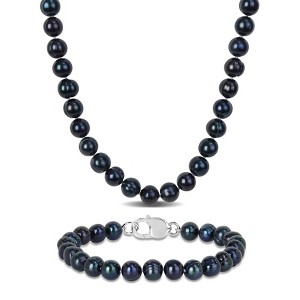 EVERLY JEWELRY |Men's Sterling Silver 8-8.5mm Black Cultured Freshwater Pearl Necklace and Bracelet 2-Piece Set - 20 in + 9 in - 1 of 4