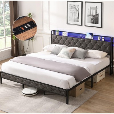 77.80"King Bed Frame with Storage Headboard, Charging Station and LED Lights, Upholstered Platform Bed with Heavy Metal Slats, No Box Spring Needed, Noise Free, Easy Assembly, Dark Gray