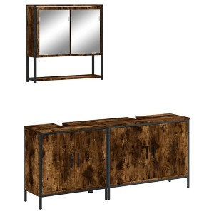 vidaXL 3-Piece Bathroom Set - Washroom Mirror Cabinet, Sink Cabinet Duo in Smoked Oak, Engineered Wood, Contemporary Wall-Mount Design - 1 of 4