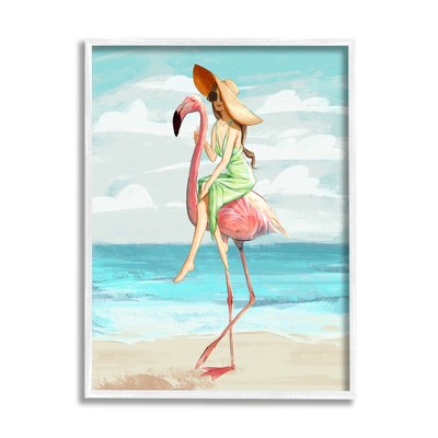 Stupell Industries Beach Woman Riding Pink Flamingo Tall Tropical Bird