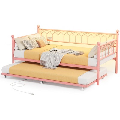 Garvee Twin Daybed with Trundle,Day Bed with LED Lights & Charging Station, Metal Bed Frame with Pull Out Trundle for Living Room, Small Spaces