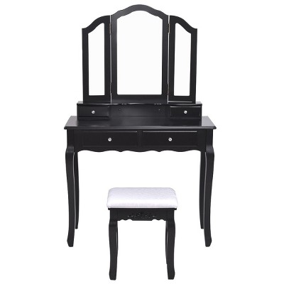 Costway Makeup Table Stool Set Tri Folding Mirror Vanity Black : Target