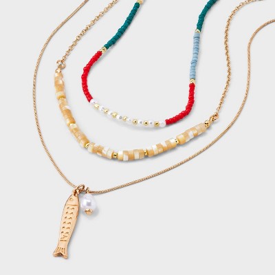 Seed Bead with Fish and Acrylic Pearl Necklace Set 3pc - Universal Thread™ Gold: Lobster Claw Clasp, 22" Length