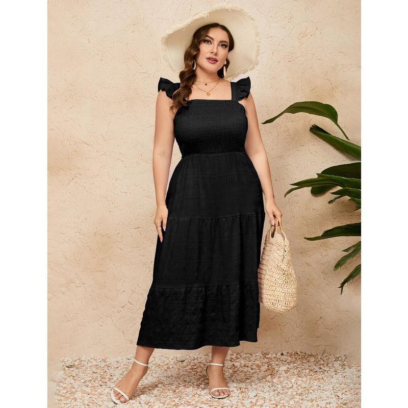 Women Plus Size Sleeveless Maxi Dress Smocked High Waist Tiered Ruffle Summer Casual Midi Dress, 5 of 9