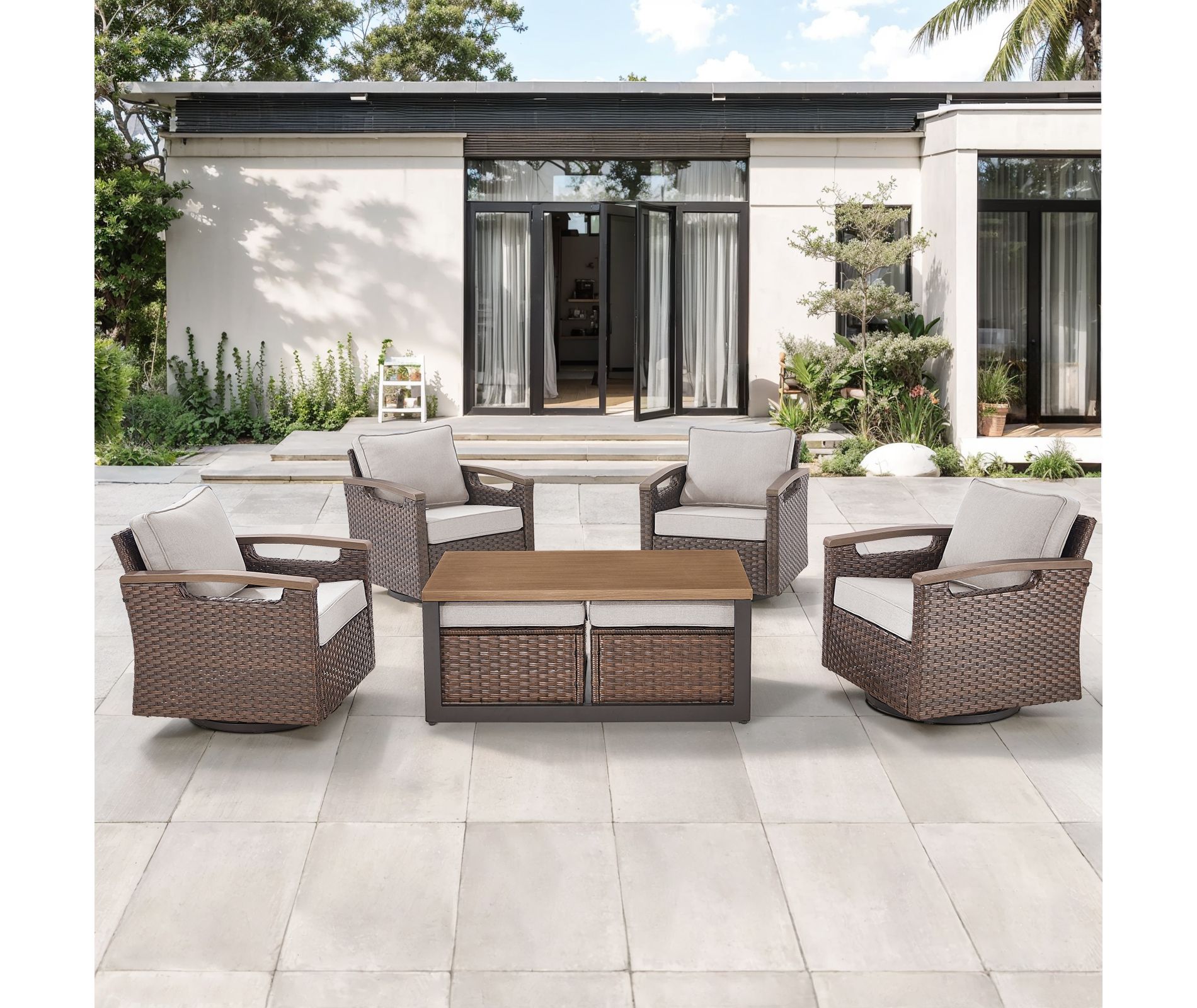 Belord Patio Wicker Chairs Swivel Rocker, All Weather Wicker Outdoor Swivel Rocker Chair Set of 4 with Coffee Table and Ottoman for Porch Balcony