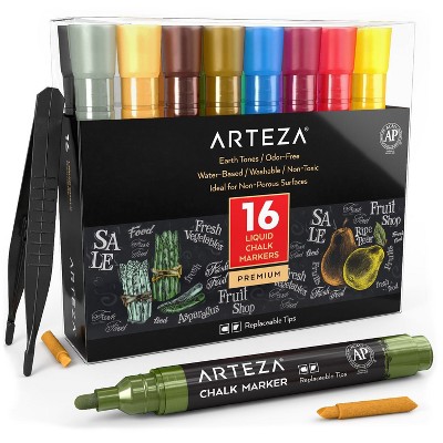 Arteza Non-Toxic Liquid Chalk Paint Markers, Earth Tones, for Chalk Board, Includes Replaceable Tips, Tweezers, Labels, Stencils - 16 Pack