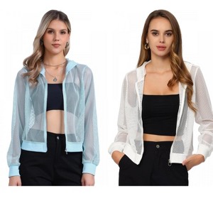 INSPIRE CHIC Women's Zip Up Long Sleeve Mesh Sheer Hoodie Bomber Jackets 2 Packs - 1 of 4