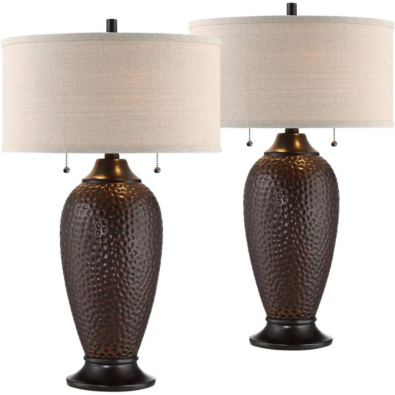 360 Lighting Cody 26" High Industrial Farmhouse Rustic Table Lamps Set of 2 WiFi Smart Socket Pull Chain Oiled Bronze Finish Living Room Oatmeal Shade, 1 of 10