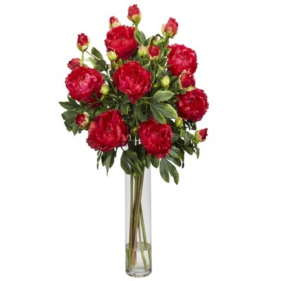 White Silk Peony Arrangement with Glass Vase