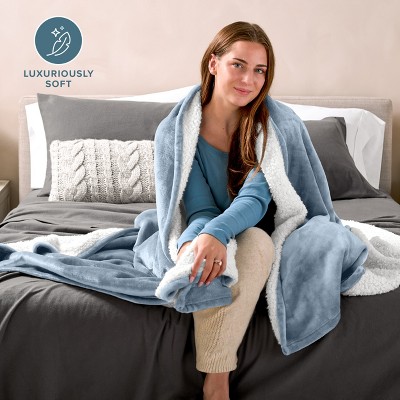 Dusty Blue Reversible Sherpa Fleece Throw Blanket