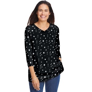 Woman Within Perfect Printed Three-Quarter Sleeve V-Neck Tee - 1 of 4