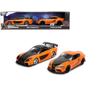 Han's Mazda RX-7 Orange Met. & Matt Black & Toyota GR Supra Orange Met. w/Black Hood Set of 2 pcs 1/32 Diecast Model Cars Jada - 1 of 4