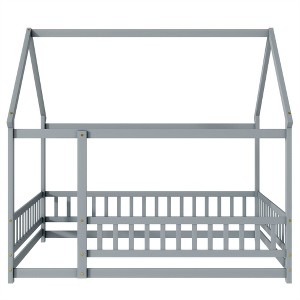 COWLOWN Full Size House Floor Bed with Roof & Safety Guardrails, Wooden Bed for Kids and Toddlers - 1 of 4