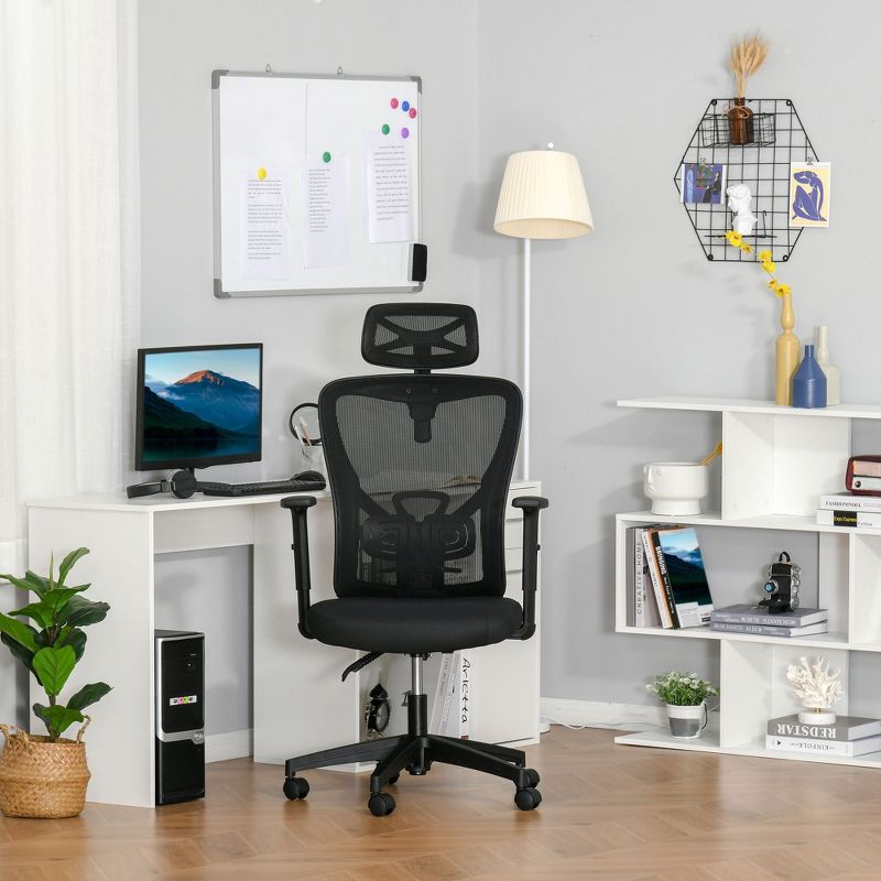 Vinsetto High Back Ergonomic Home Office Chair, Mesh Task Chair with Lumbar Back Support, Reclining Function, Adjustable Headrest, Arms, Black, 3 of 9
