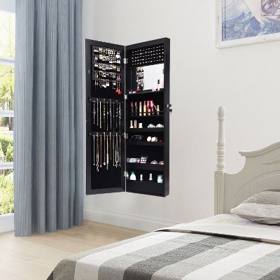 Yukimo Lockable Wall Door Mounted Mirror Jewelry Cabinet with LED Lights, Premium MDF Board Storage Armoire with Auto-On Lighting, Black