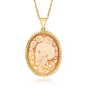 Ross-Simons Italian Orange Shell Floral Skull Cameo Pendant Necklace in 18kt Gold Over Sterling Size - 1 of 4