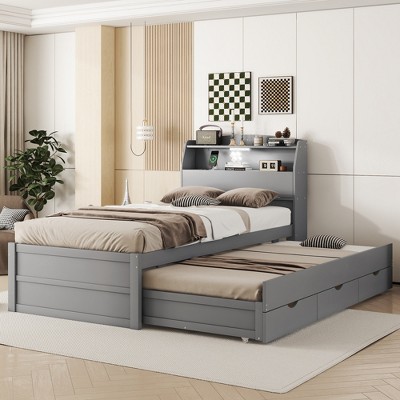 Twin Size Wooden Led Platform Bed With Trundle, Storage Headboard And ...