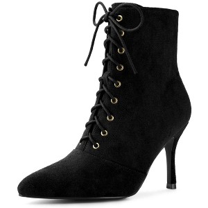 Allegra K Women's Pointy Toe Lace Up Side Zip Stiletto Heels Ankle Boots - 1 of 4