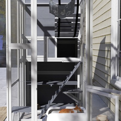 Gray Wooden Outdoor Cat Enclosure with Hammock and Ramps