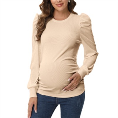 Clearlove Women’s Maternity Puff Sleeve Top Long Sleeve Round Neck Stretchy Ruched Side Pregnancy Shirt