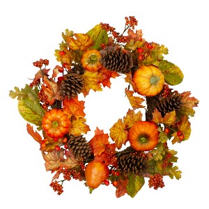 Northlight Orange Pumpkins, Pine Cones and Berries Fall Harvest Wreath - 24 inch, Unlit - 1 of 4