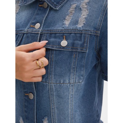 INSPIRE CHIC Women's Turndown Collar Short Sleeve Denim Button Up Ripped Frayed Cropped Jean Jacket XX-Large Blue — фото 3