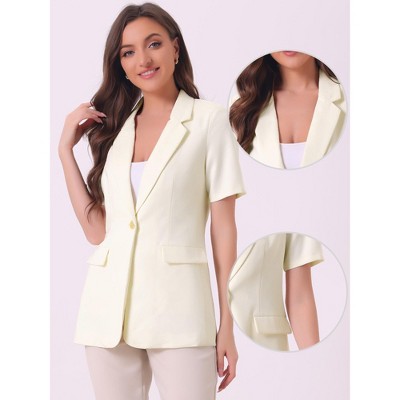 Allegra K Women's Office Work Lapel Short Sleeve Button Down Open Front Blazers with Pockets Small Beige — фото 2