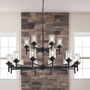 BAOURE 25" Black Farmhouse Chandelier, 6 light Dining Room Light Fixture Over Table with Glass Shade, Industrial Chandeliers for Living Room Entryway - 1 of 4