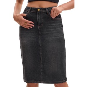 INSPIRE CHIC Women's High Waist Back Slit Stretch Denim Casual Sheath Midi Jean Skirts - 1 of 4