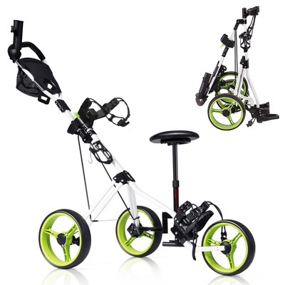 Costway Foldable 3 Wheel Push Pull Golf Club Cart Trolley W/seat Scoreboard  Bag Swivel : Target