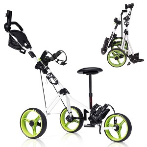 Costway Foldable 3 Wheel Push Pull Golf Club Cart Trolley w/Seat Scoreboard Bag Swivel - 1 of 4