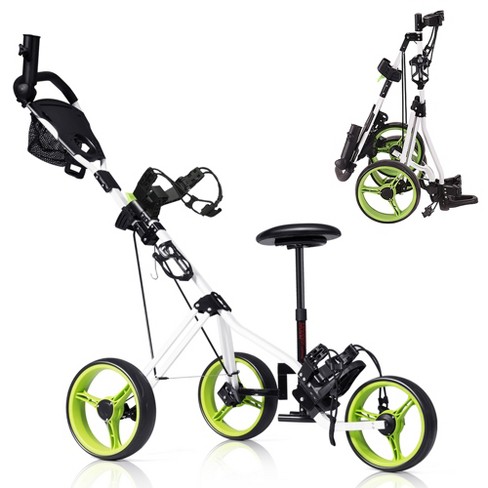 Costway Foldable 3 Wheel Push Pull Golf Club Cart Trolley W/seat Scoreboard  Bag Swivel : Target