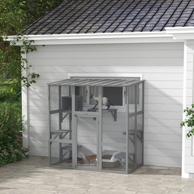Gray Wooden Outdoor Cat House with Platforms and Bridge