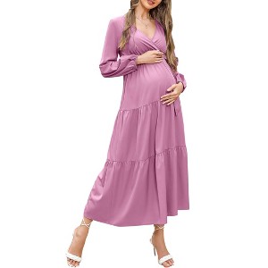 Maternity Dress Women's V-Neck Puff Sleeve Pleated Maternity Maxi Dress for Baby Shower or Casual Wear  lightgreenflower XL - 1 of 4