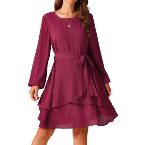 Seta T Women's Fall Round Neck Long Sleeve Waist Tie Ruffle Mini Swing Skater Dress - 1 of 4
