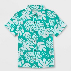 Boys' Adaptive Short Sleeve Palm Leaf Woven Top - Cat & Jack™ Teal Green - 1 of 4