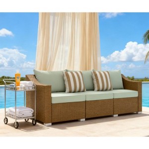 79" Outdoor Patio Sofa with Cushions and Steel Frame, Wicker 3 Seat Couch for Deck, Garden or Porch -3irtyhousy - 1 of 4