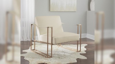 Transitional Cream Leather Accent Chair with Gold Metal Base