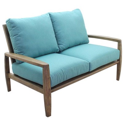 Courtyard Casual Avalon FSC Teak Loveseat Teak in Heather Gray finish Sling deck under cushion for comfort Sunbrella Fabric