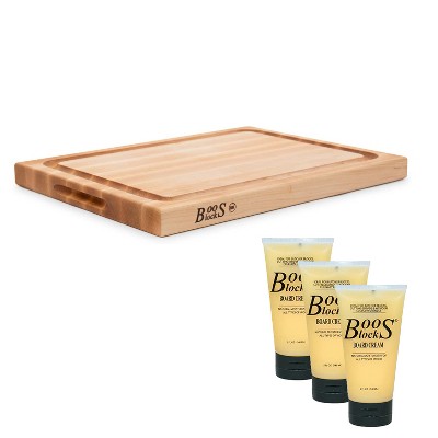 John Boos Block 15 Inch Maple Wood Cutting Carving Board Kitchen Bundle with 5 Oz Butcher Block Board Natural Moisture Cream (3 Pack)