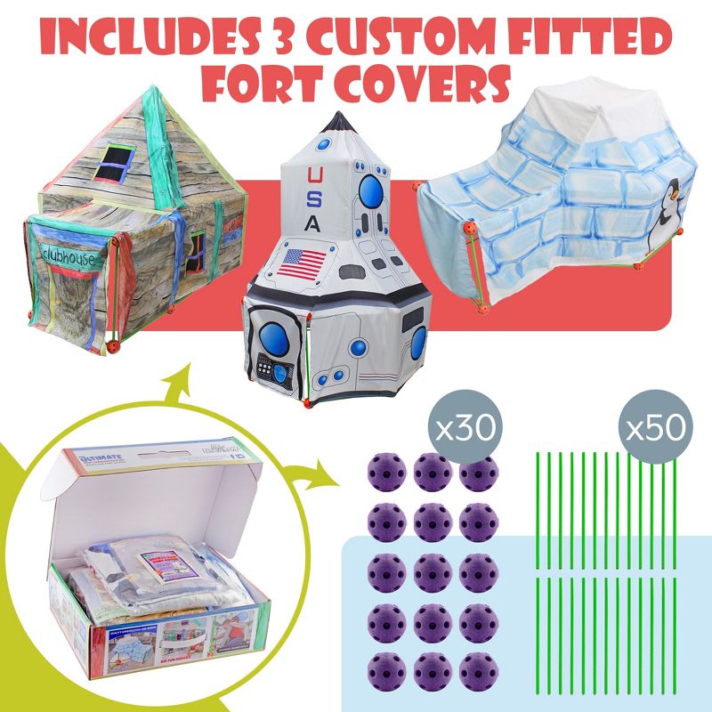 Attatoy Ultimate Play Fort Kit 83pc Set; Stick and Ball Fort Building Kit w/ 3 Play Tent Covers, 2 of 9