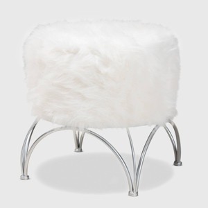 Celia Faux Fur Upholstered Silver Metal Ottoman White/Silver - Baxton Studio - 1 of 4