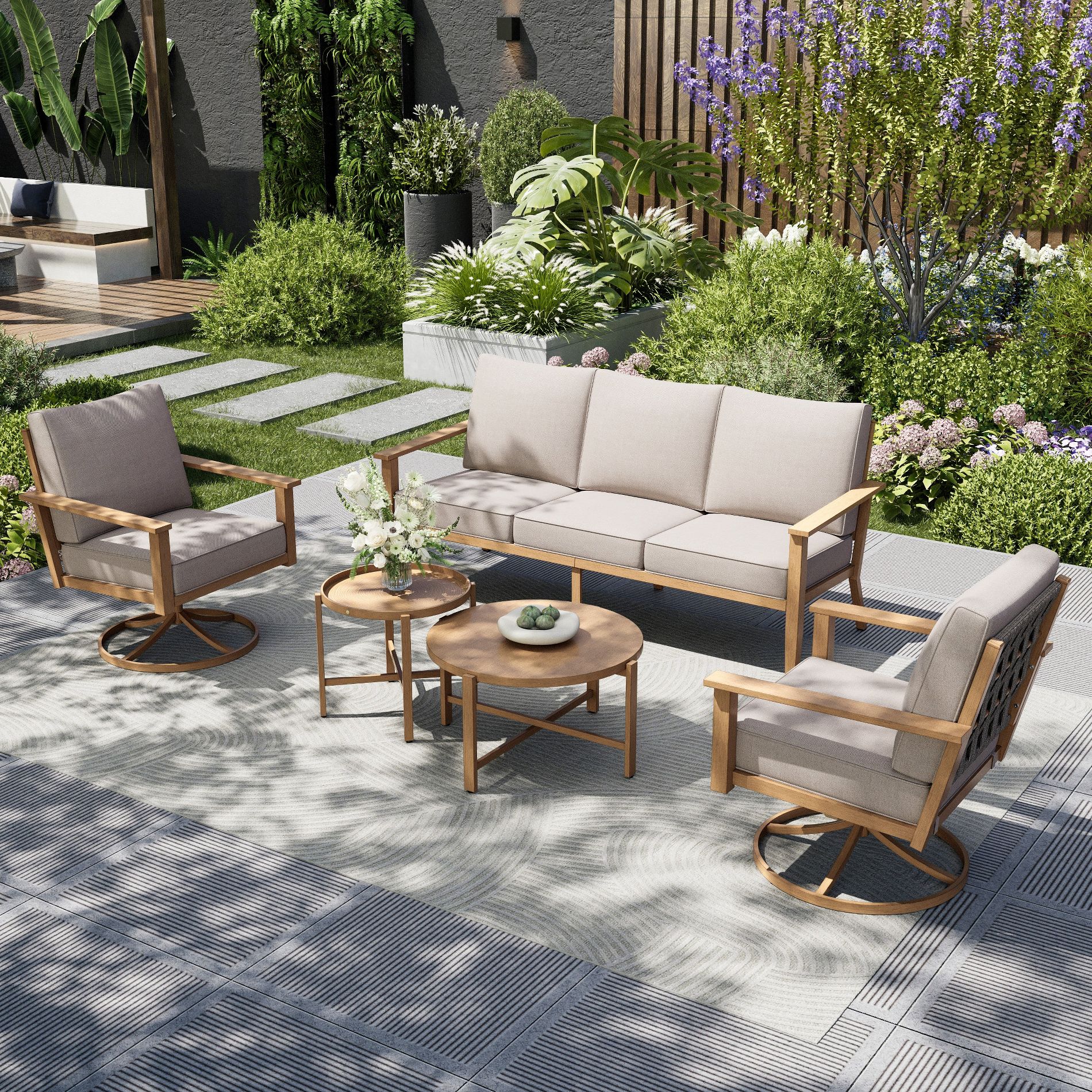 Captiva Designs 5PC Outdoor Patio Cross-Band Back Conversation Set with Thick Cushions for Deck, Garden, or Poolside  Swivel