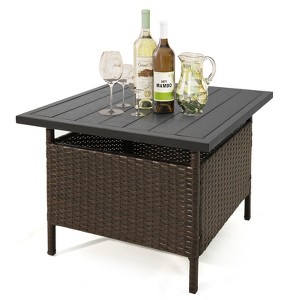 Tangkula Outdoor Wicker Table Rattan Coffee Table w/ Umbrella Insert Hole PE Tabletop & Sturdy Metal Frame - 1 of 4