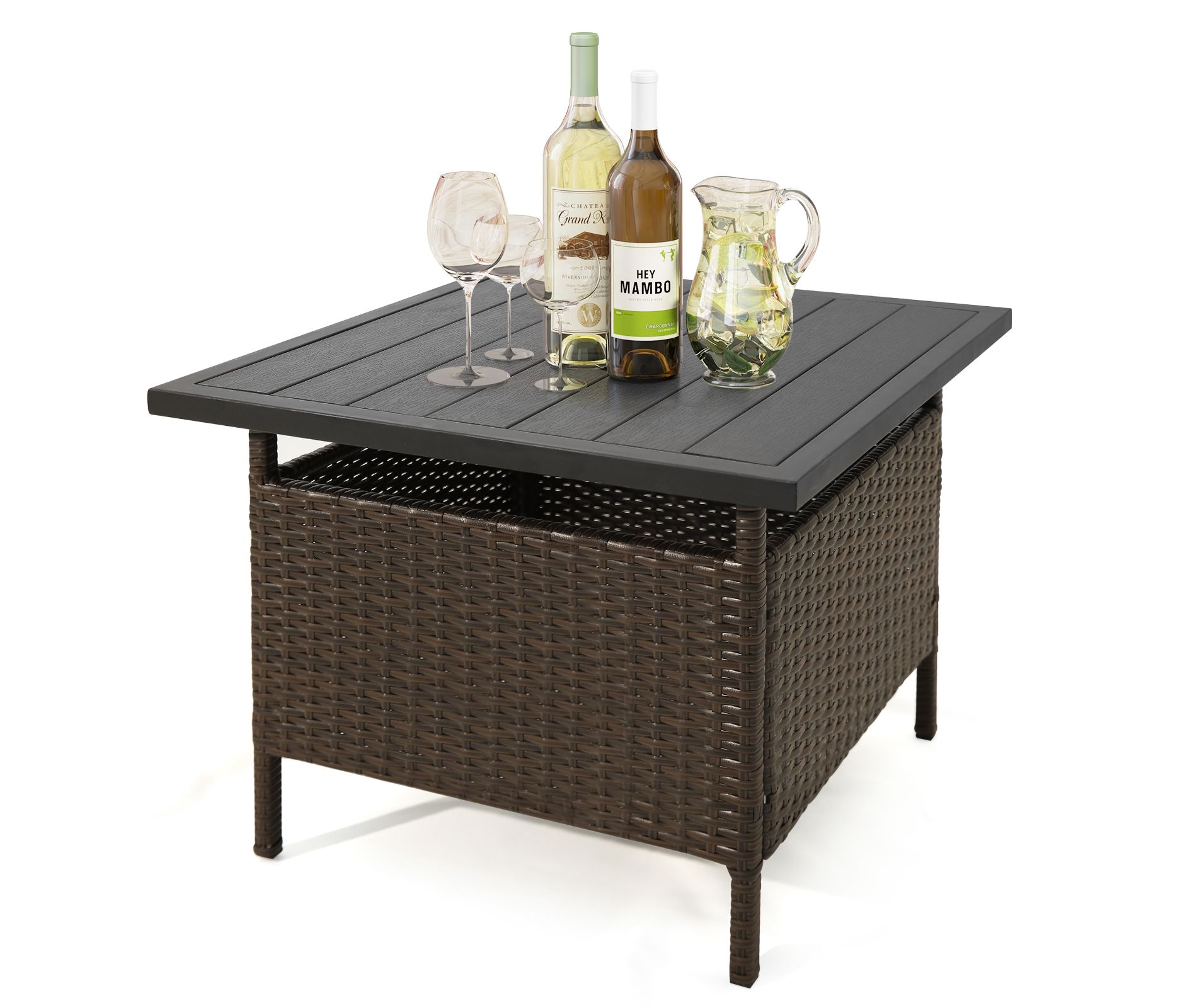 Tangkula Outdoor Wicker Table Rattan Coffee Table w/ Umbrella Insert Hole PE Tabletop & Sturdy Metal Frame