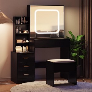 Vanity Desk with Sliding Mirror and Lights, Makeup Vanity Set with 4 Drawers, Stool, Power Outlet, Open Shelves, 3 Color Adjustable Lighting Modes - 1 of 4