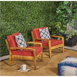 Christopher Knight Home Outdoor Wooden Side Table Set of 2 with Round Topiary for Patio Seating Area, Red - 1 of 4